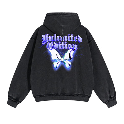 Vintage Washed Butterfly Printed Zipper Hoodie-INNBLAC