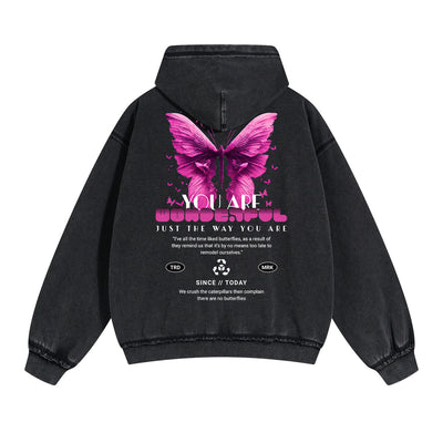 Vintage Washed Butterfly Printed Zipper Hoodie-INNBLAC