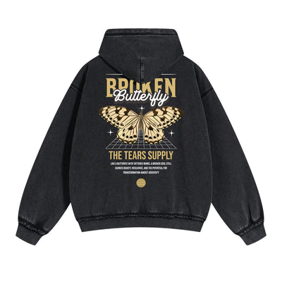 Vintage Washed Butterfly Printed Zipper Hoodie-INNBLAC