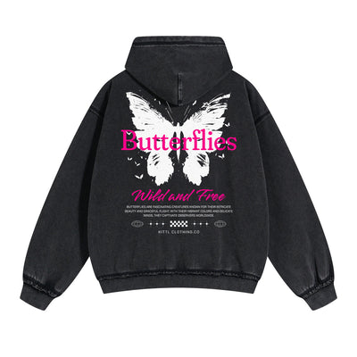 Vintage Washed Butterfly Printed Zipper Hoodie-INNBLAC