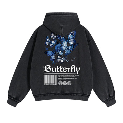 Vintage Washed Butterfly Printed Zipper Hoodie-INNBLAC
