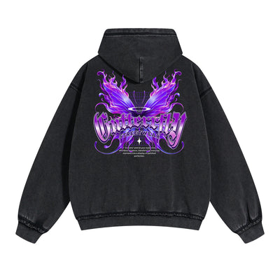 Vintage Washed Butterfly Printed Zipper Hoodie-INNBLAC