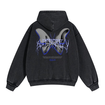 Vintage Washed Butterfly Printed Zipper Hoodie-INNBLAC