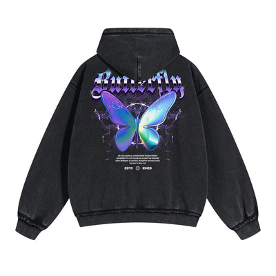Vintage Washed Butterfly Printed Zipper Hoodie-INNBLAC