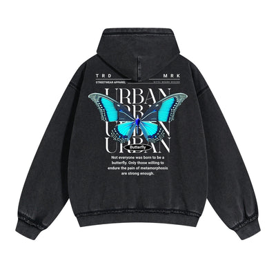 Vintage Washed Butterfly Printed Zipper Hoodie-INNBLAC