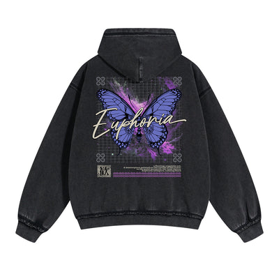 Vintage Washed Butterfly Printed Zipper Hoodie-INNBLAC