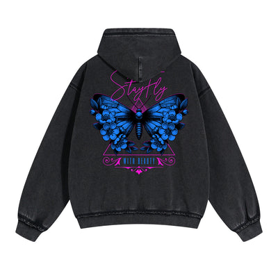 Vintage Washed Butterfly Printed Zipper Hoodie-INNBLAC