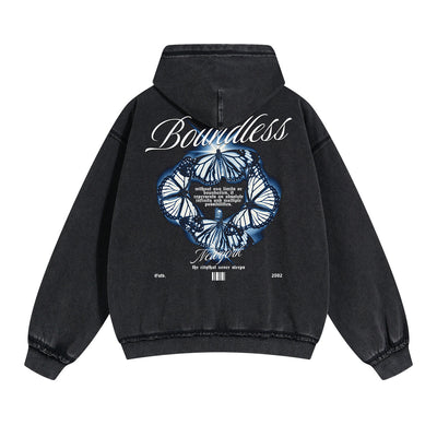 Vintage Washed Butterfly Printed Zipper Hoodie-INNBLAC