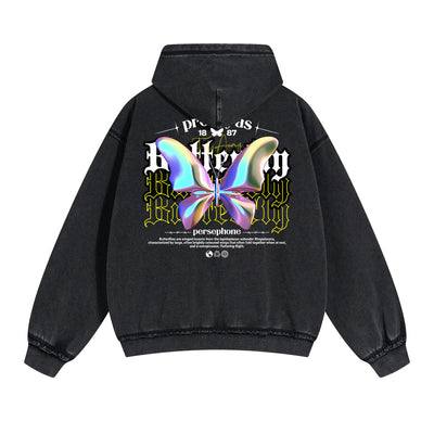 Vintage Washed Butterfly Printed Zipper Hoodie-INNBLAC