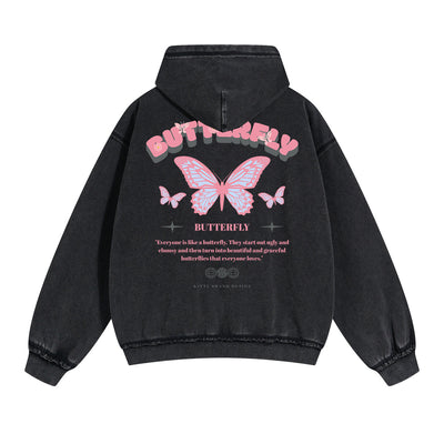Vintage Washed Butterfly Printed Zipper Hoodie-INNBLAC