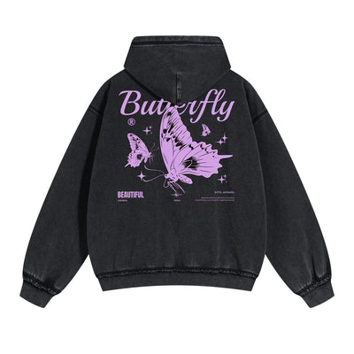 Vintage Washed Butterfly Printed Zipper Hoodie-INNBLAC
