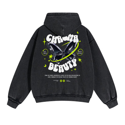 Vintage Washed Butterfly Printed Zipper Hoodie-INNBLAC