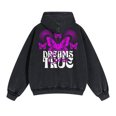 Vintage Washed Butterfly Printed Zipper Hoodie-INNBLAC