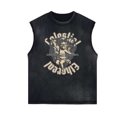 Stone Wash Cupid Angel Graphic Sleeveless Tee