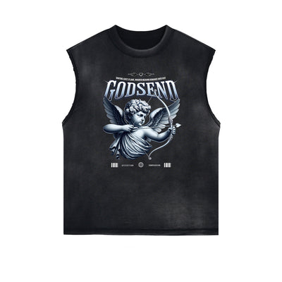 Stone Wash Cupid Angel Graphic Sleeveless Tee