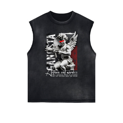 Stone Wash Cupid Angel Graphic Sleeveless Tee