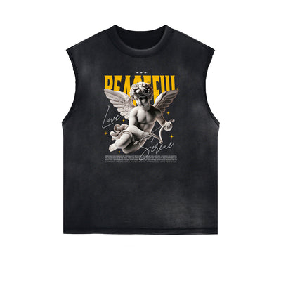 Stone Wash Cupid Angel Graphic Sleeveless Tee