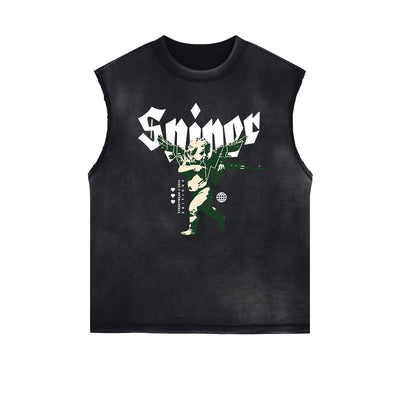 Stone Wash Cupid Angel Graphic Sleeveless Tee