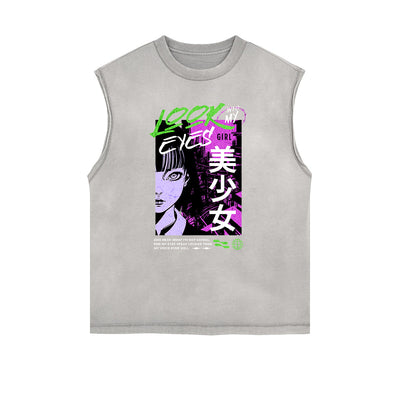 Sleeveless Stone Wash Anime Graphic Tee