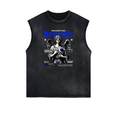 Sleeveless Distressed Angel Streetwear Graphic Tee