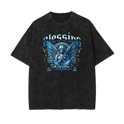 Celestial & Angel Statue Pattern Black Tee