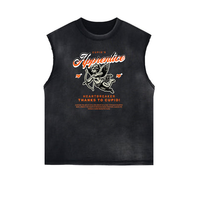Stone Wash Cupid Angel Graphic Sleeveless Tee