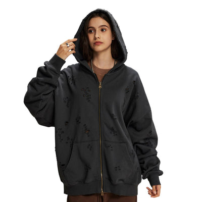 Women's Ripped Double Slider Zip Hoodie-INNBLAC
