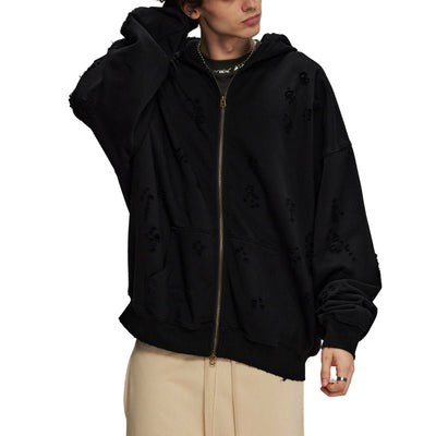 Ripped Double Slider Zip Hoodie-INNBLAC