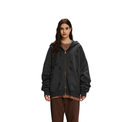 Women's Ripped Double Slider Zip Hoodie-INNBLAC