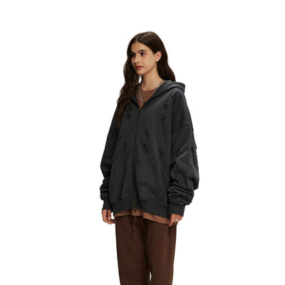 Women's Ripped Double Slider Zip Hoodie-INNBLAC