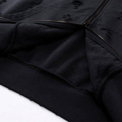 Ripped Double Slider Zip Hoodie-INNBLAC