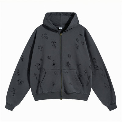 Women's Ripped Double Slider Zip Hoodie-INNBLAC