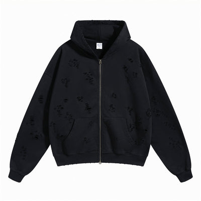 Women's Ripped Double Slider Zip Hoodie-INNBLAC