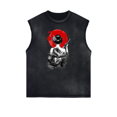 Distressed Sleeveless Japanese Ukiyo Pattern Tee