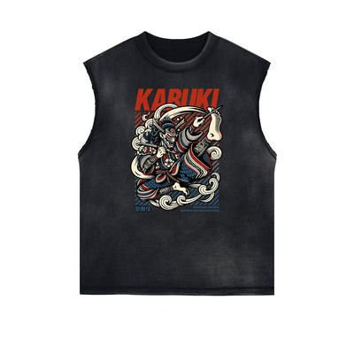 Distressed Sleeveless Japanese Ukiyo Pattern Tee