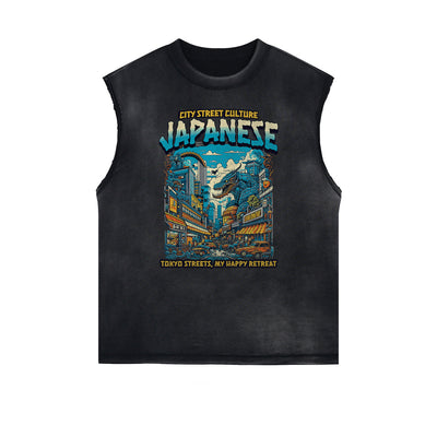 Distressed Sleeveless Japanese Ukiyo Pattern Tee