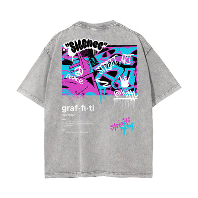 Stone Wash Graffiti Style Graphic Tee
