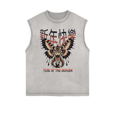 Frayed Edge Asian Style Graphic Tank Top