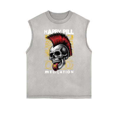 Distressed Sleeveless Rock Style Pattern Tee