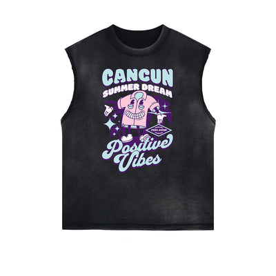 Distressed Sleeveless Playful Cartoon Pattern Tee