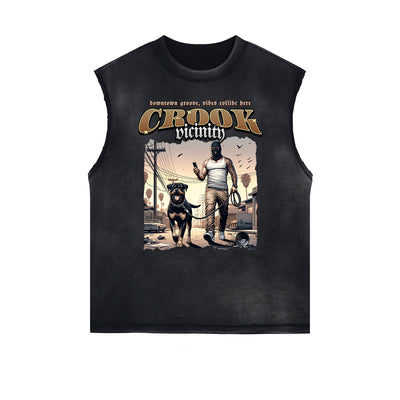 Frayed Edge Gangster Style Graphic Tank Top