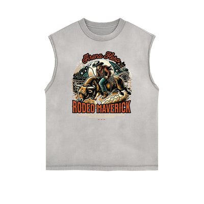 Distressed Sleeveless Retro Revival Pattern Tee