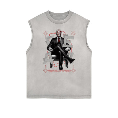 Distressed Sleeveless Abstract Art Pattern Tee