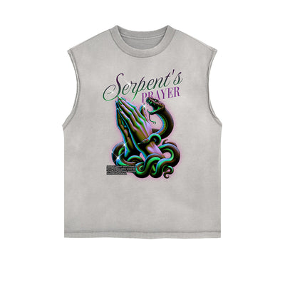 Distressed Sleeveless Snake Pattern Tee