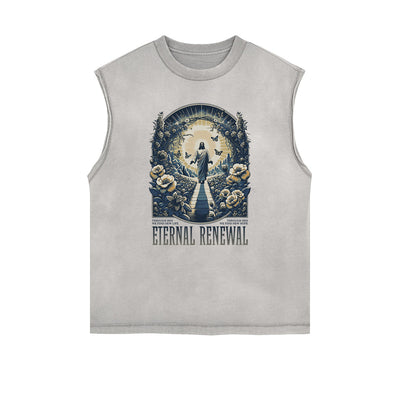 Distressed Sleeveless Jesus Pattern Tee