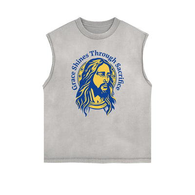 Distressed Sleeveless Jesus Pattern Tee
