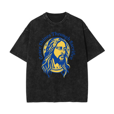 Stone Wash Jesus Pattern T Shirt