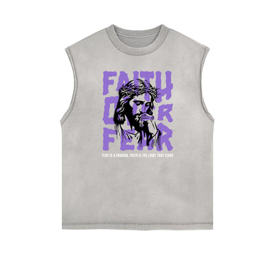 Distressed Sleeveless Jesus Pattern Tee