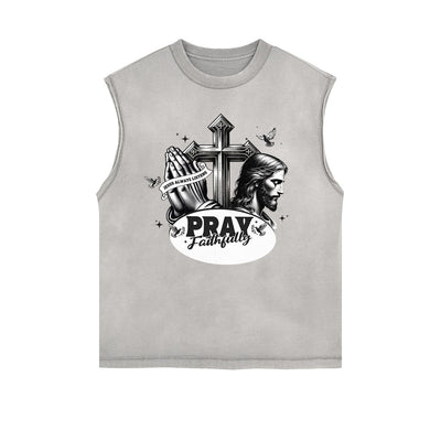 Distressed Sleeveless Jesus Pattern Tee