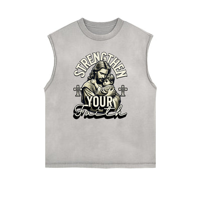 Distressed Sleeveless Jesus Pattern Tee